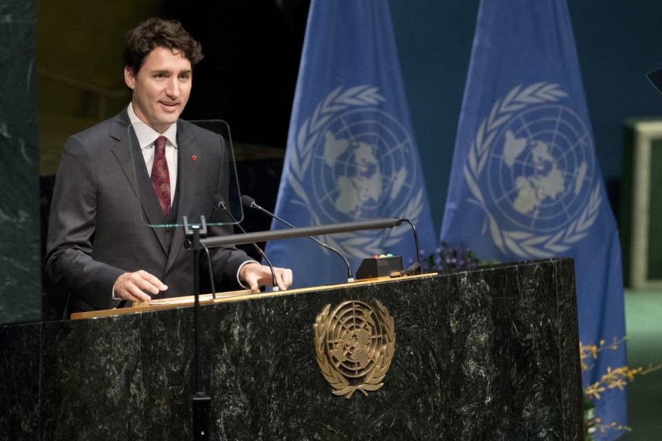 Canadian Prime Minister Justin Trudeau speaks during the Paris Agreement on climate change ceremony, Friday, April 22, 2016 at U.N. headquarters. AP Photo/Mary Altaffer