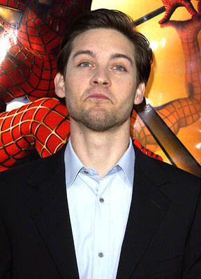 Tobey Maguire in the process of turning his frown upside-down at the LA premiere of Columbia Pictures' Spider-Man