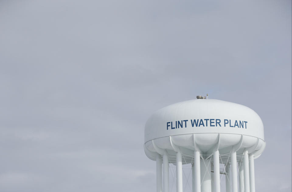 FILE - The Flint Water Plant tower is seen, Friday, Feb. 26, 2016 in Flint, Mich. A second contractor says it has reached a $25 million settlement over its role in Flint's lead-contaminated water scandal. Boston-based Veolia North America said Thursday, Jan. 31, 2024, that the class-action litigation agreement includes payments of $1,500 for individual minors. (AP Photo/Paul Sancya, File)