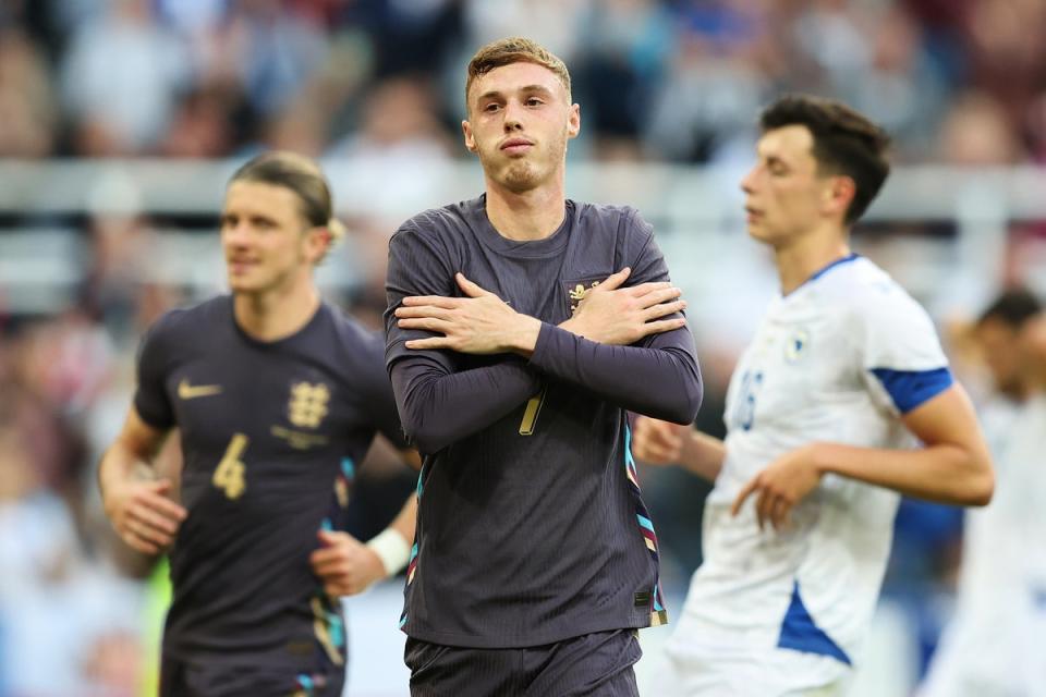 Cool as ice: Cole Palmer marked his first senior England start with a goal from the penalty spot (The FA via Getty Images)