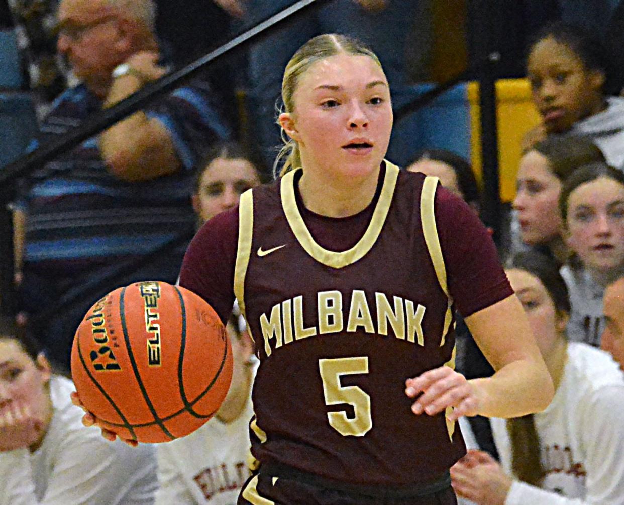 Milbank's Isabella Anderson pushes the ball up the court during a high school boys-girls basketball doubleheader against Hamlin on Thursday, Dec. 21, 2023 at the Hamlin Education Center. Hamlin's girls won 39-32.