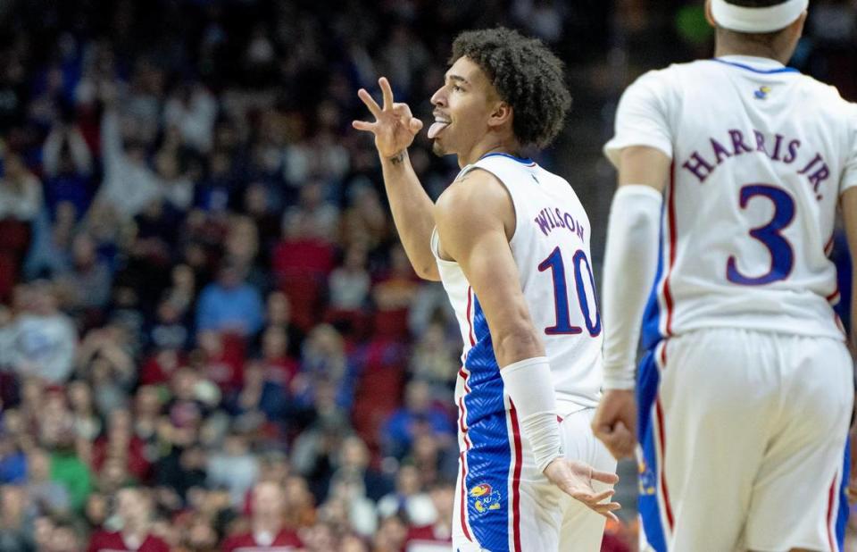 Kansas forward Jalen Wilson (10) celebrates a 3-point shot against Arkansas during a second-round college basketball game in the NCAA Tournament Saturday, March 18, 2023, in Des Moines, Iowa.