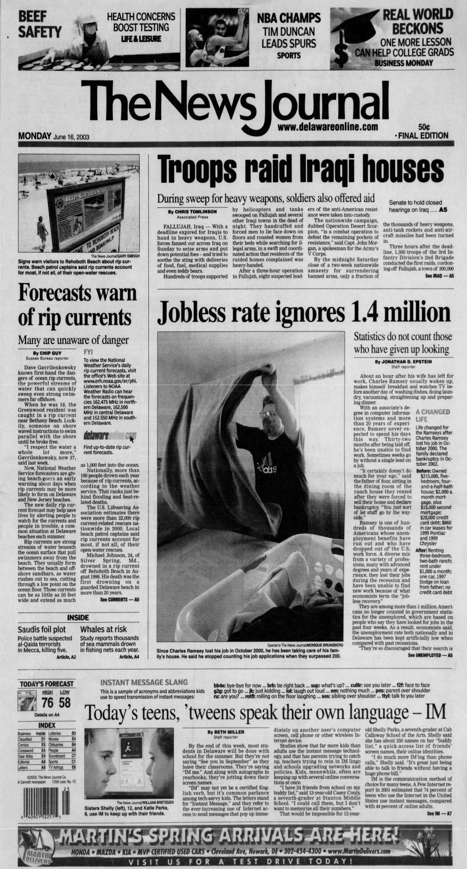 Front page of The News Journal from June 16, 2003.