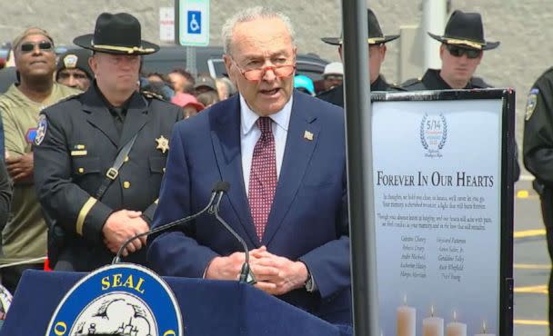 PHOTO: Sen. Chuck Schumer speaks to a crowd gathered for a ceremony on Sunday, May 14, 2023, outside the Tops supermarket on Jefferson Avenue in Buffalo, New York, to commemorate one year since a white supremacist killed 10 Black people there. (WKBW)