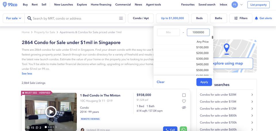 Condos below S$1 million on 99.co