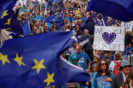 Pro-Europe demonstrators protest during a "March for Europe" against the Brexit vote result earlier in the year, in London, Britain, September 3, 2016. REUTERS/Luke MacGregor