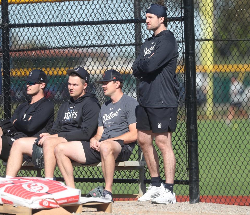 (From left) Tigers pitchers Matt Manning, Tarik Skubal, Tyler Alexander and Casey Mize in the bullpen during practice during spring training on Monday, Feb.  13, 2023, in Lakeland, Florida.