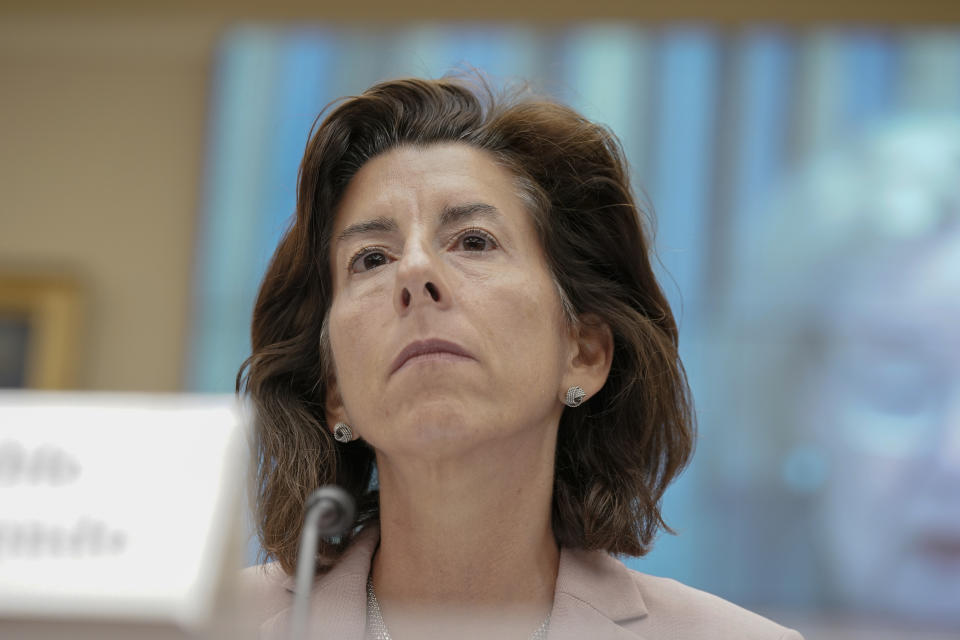 FILE - Commerce Secretary Gina Raimondo listens during a House Committee on Science, Space, and Technology hearing on Capitol Hill Sept. 19, 2023, in Washington. (AP Photo/Mariam Zuhaib, File)