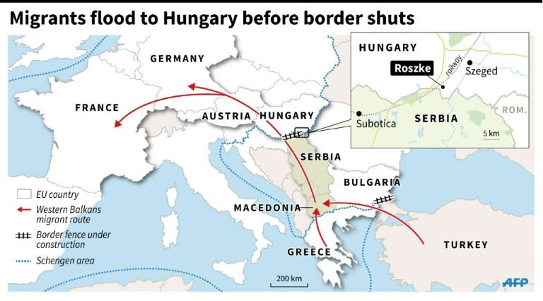 Map showingthe Western Balkan migrant route to the EU, with close-up of Serbia-Hungary border