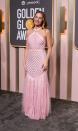 <p>The future Barbie girl herself Margot Robbie embraced the trend with a baby pink custom Chanel gown that boasted a chevron pattern at the top and fringe on the bottom.</p>