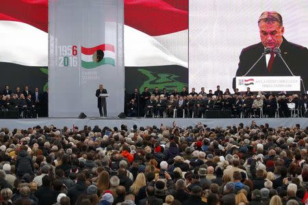 Hungarian Prime Minister Viktor Orban speaks during a ceremony marking the 60th anniversary of 1956 anti-Communist uprising in Budapest, Hungary, October 23, 2016. REUTERS/Laszlo Balogh