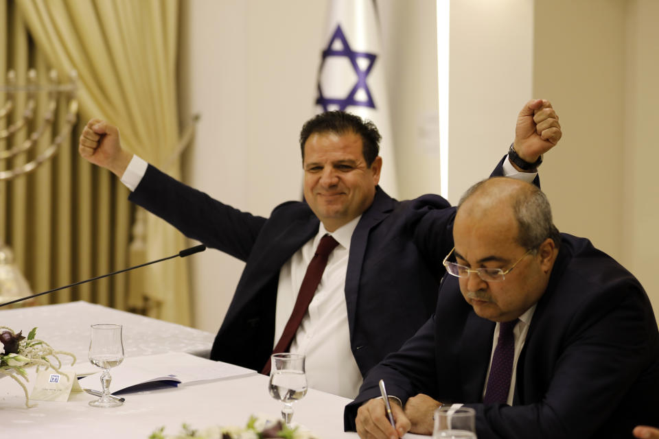 Members of the Joint List Ayman Odeh, left and Ahmad Tibi during a consultation meeting with Israeli President Reuven Rivlin in Jerusalem, Sunday, Sept. 22, 2019. Rivlin began two days of crucial talks Sunday with party leaders before selecting his candidate for prime minister, after a deadlocked repeat election was set to make forming any new government a daunting task. (Menahem Kahana/Pool via AP)