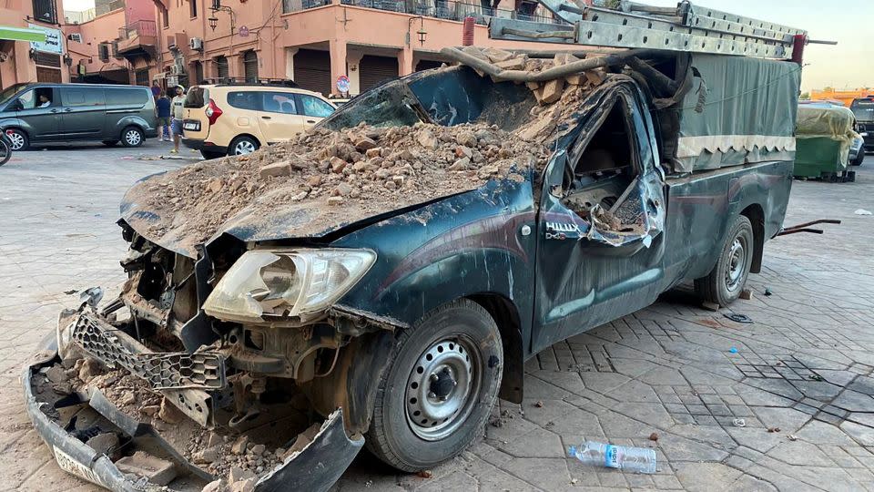 A damaged vehicle is pictured in the historic city of Marrakech, following a powerful earthquake in Morocco, September 9, 2023. REUTERS/Abdelhak Balhaki - Abdelhak Balhaki/Reuters