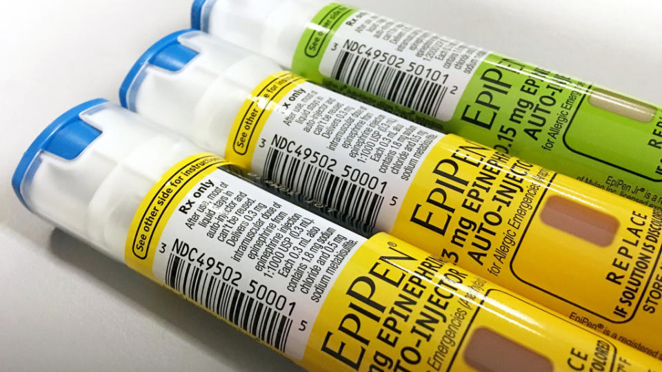FILE PHOTO -- EpiPen auto-injection epinephrine pens manufactured by Mylan NV pharmaceutical company for use by severe allergy sufferers are seen in Washington, U.S. August 24, 2016.