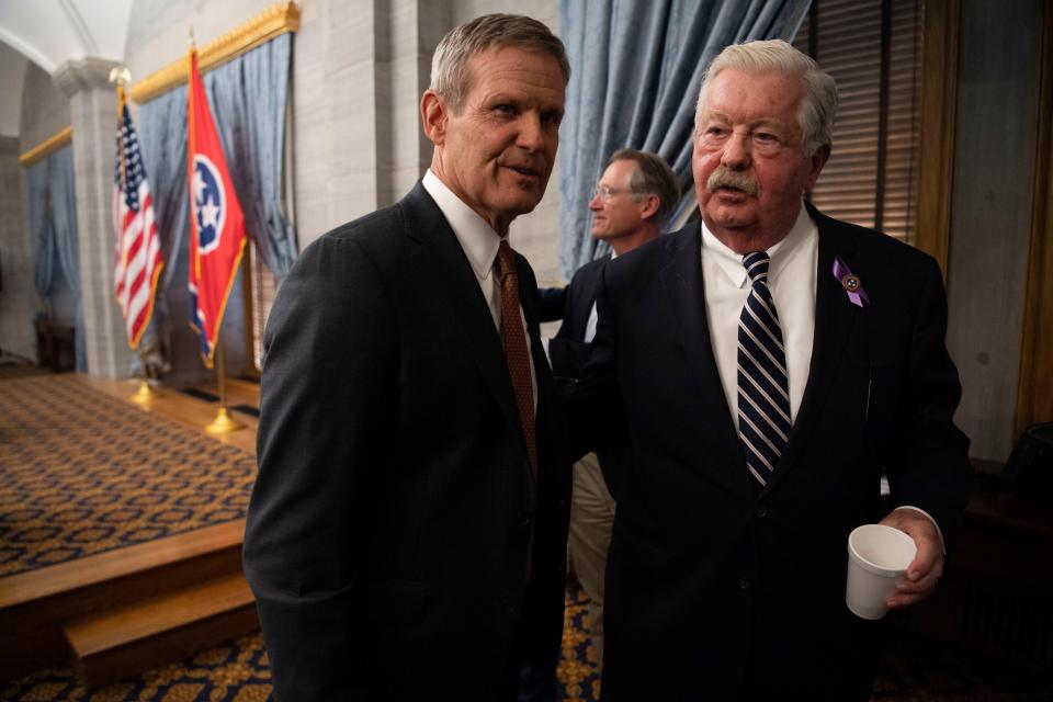 Gov. Bill Lee and Lt. Gov. Randy McNally, R-Oak Ridge, walk out after a news conference at the end of session at the Tennessee Capitol in Nashville, Tenn., Thursday, April 25, 2024.
