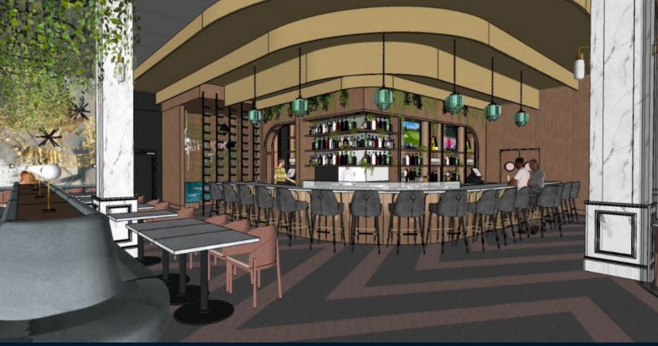 An artist's drawing depicting the interior of Gemma Fish + Oyster, an upscale oyster bar, restaurant and rooftop lounge from Jacksonville Chef Mike Cooney and his wife, Brittany, at East San Marco.