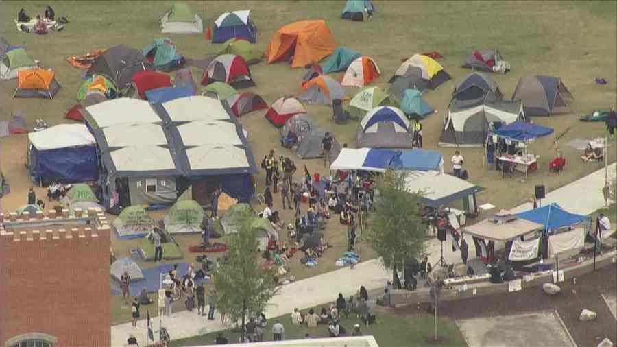 Pro-Palestinian protesters continue to camp in the Tivoli Quad on the Auraria Campus in Denver, as seen from SkyFOX on May 3, 2024.