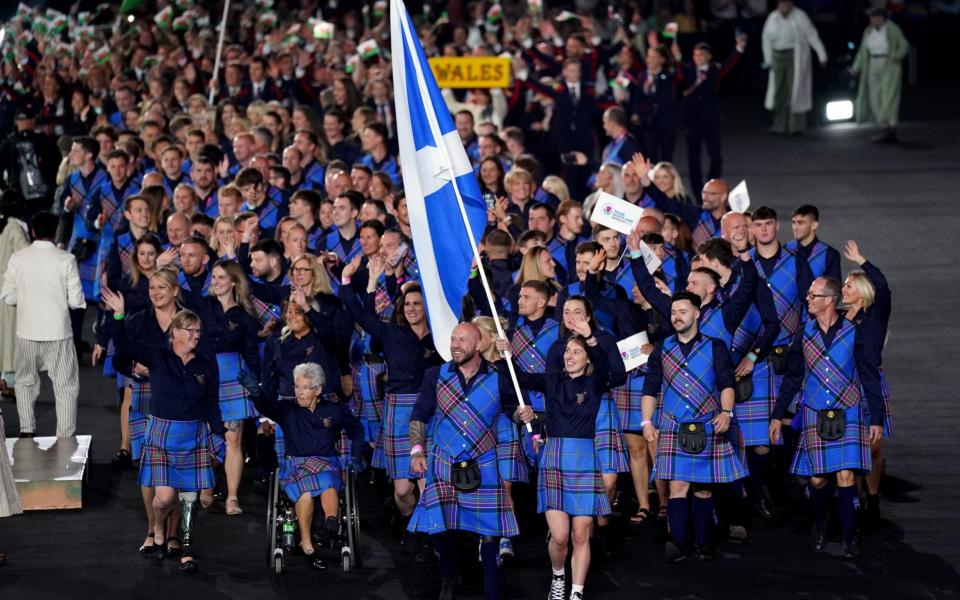 A general view of the Scotland team as athletes parade during the opening ceremony of the Birmingham 2022 Commonwealth Games  - AP