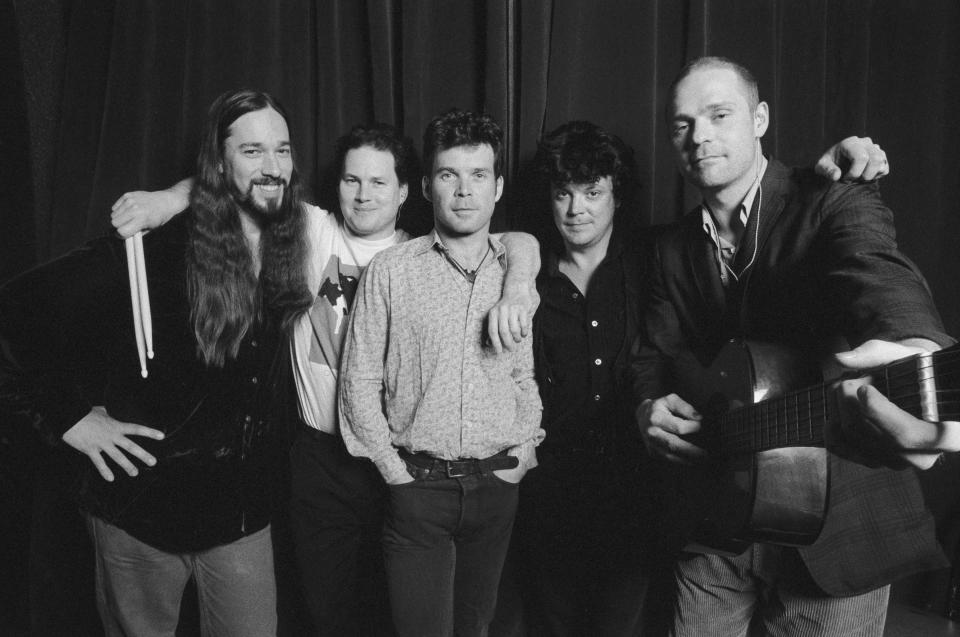 Portrait of The Tragically Hip (NOT in order:, Rob Baker, Gord Sinclair, Johnny Fay, Paul Langlois, Gord Downie) backstage at The Fillmore in San Francisco, California, USA in April of 1999. (Photo by Anthony Pidgeon/Redferns)