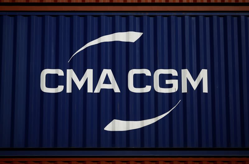 FILE PHOTO: The logo of CMA-CGM shipping company in Montoir-de-Bretagne