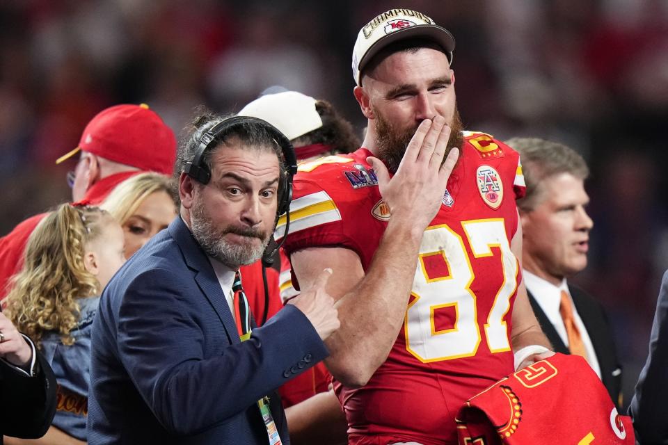 Kansas City Chiefs tight end Travis Kelce (87) blows a kiss after the NFL Super Bowl 58 football game against the San Francisco 49ers Sunday, Feb. 11, 2024, in Las Vegas. The Chiefs won 25-22. (AP Photo/Frank Franklin II)