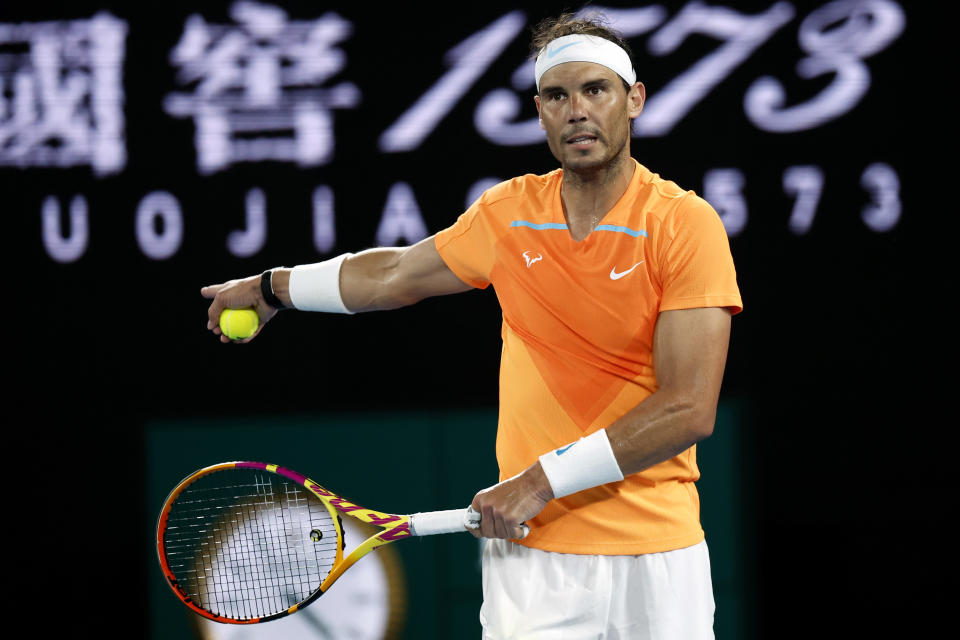 Rafael Nadal of Spain gestures during his second round match to Mackenzie McDonald of the U.S., at the Australian Open tennis championship in Melbourne, Australia, Wednesday, Jan. 18, 2023. (AP Photo/Asanka Brendon Ratnayake)