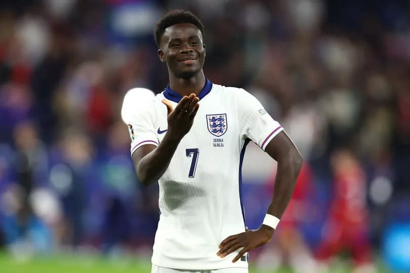 Bukayo Saka of England reacts at the end of the UEFA EURO 2024 group stage match between Serbia and England at Arena AufSchalke on June 16, 2024 in Gelsenkirchen, Germany.