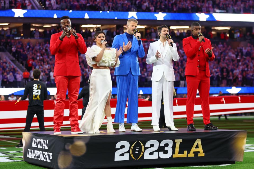 Recording group Pentatonix sings the national anthem before the CFP national championship game between the Georgia Bulldogs and the TCU Horned Frogs at SoFi Stadiumon January 9, 2023.