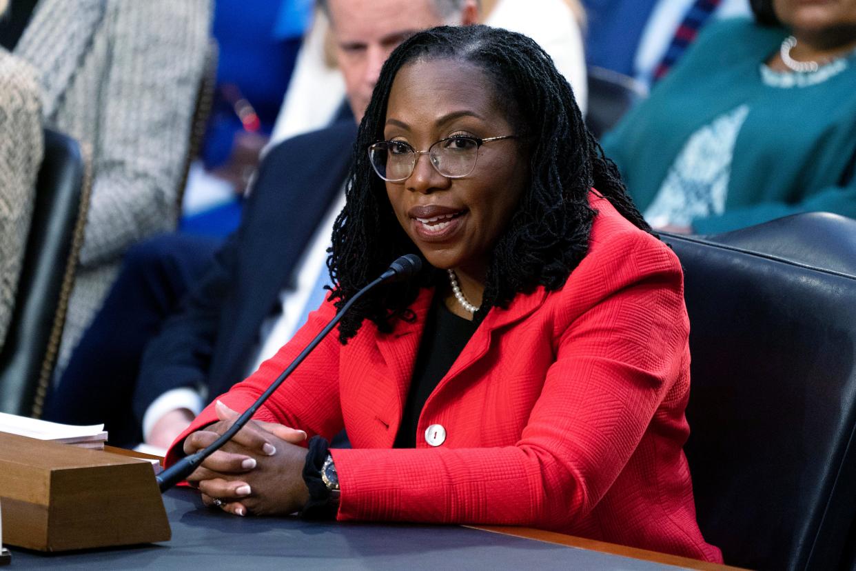 Supreme Court nominee Ketanji Brown Jackson speaks during the second day of her confirmation hearing, Tuesday, March 22, 2022, to the Senate Judiciary Committee on Capitol Hill in Washington.