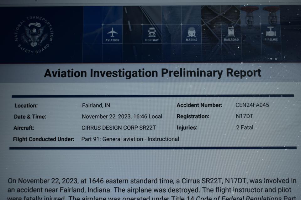 The heading on a National Transportation Safety Board initial accident report on the Nov. 22, 2023 small-plane crash in Shelby County that killed Bloomington restaurateur Nathan Finney and Warren Bruhl, his flight instructor