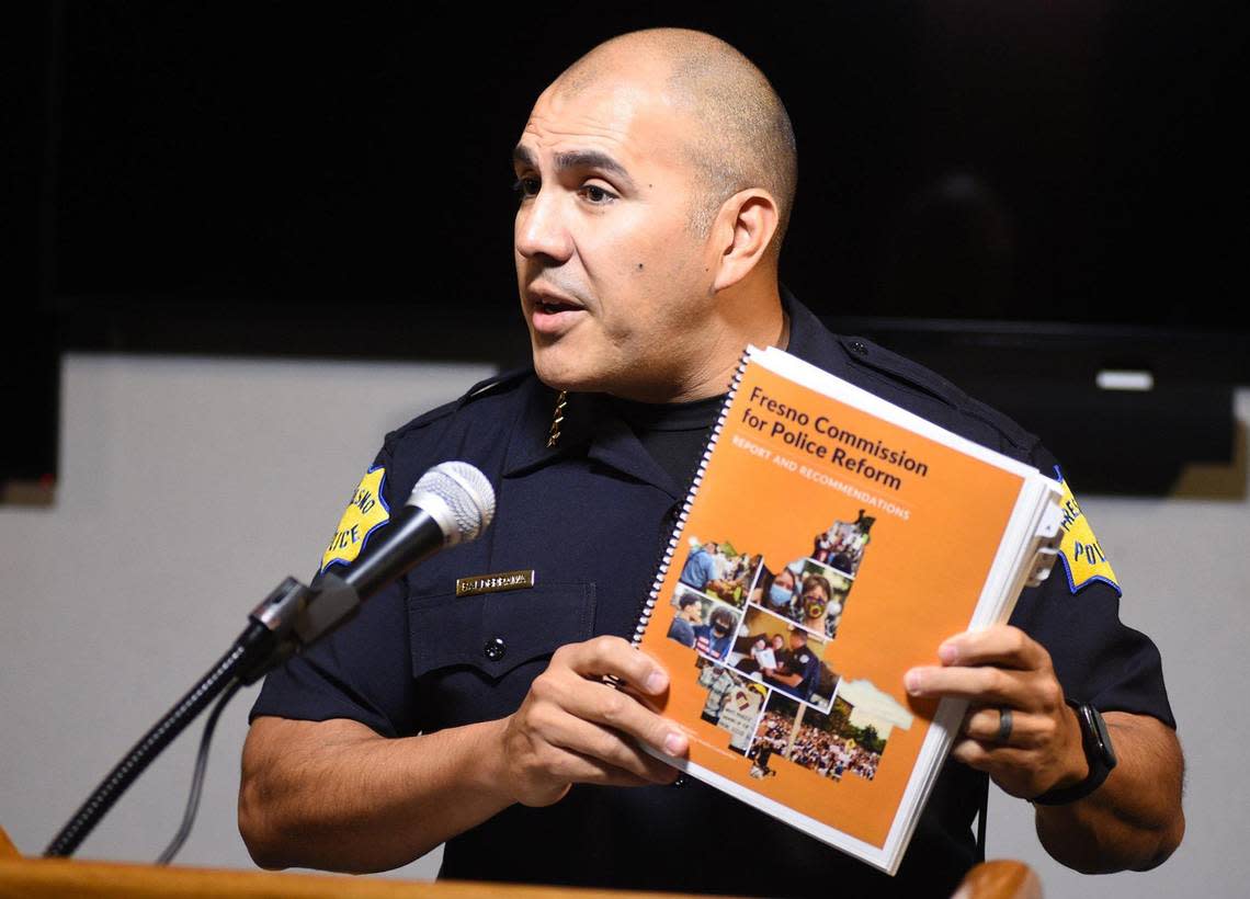 Fresno Police Chief Paco Balderrama holds a press conference, Friday Dec. 3, 2021, to provide an update on the implementation of recommendations from the Fresno Police Reform Commission.