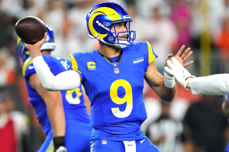 Los Angeles Rams quarterback <a class="link " href="https://sports.yahoo.com/nfl/players/9265/" data-i13n="sec:content-canvas;subsec:anchor_text;elm:context_link" data-ylk="slk:Matthew Stafford;sec:content-canvas;subsec:anchor_text;elm:context_link;itc:0">Matthew Stafford</a> (9) throws in the third quarter during a Week 3 NFL football game between the Los Angeles Rams and the <a class="link " href="https://sports.yahoo.com/nfl/teams/cincinnati/" data-i13n="sec:content-canvas;subsec:anchor_text;elm:context_link" data-ylk="slk:Cincinnati Bengals;sec:content-canvas;subsec:anchor_text;elm:context_link;itc:0">Cincinnati Bengals</a>, Monday, Sept. 25, 2023, at Paycor Stadium in Cincinnati. The Cincinnati Bengals won, 19-16.