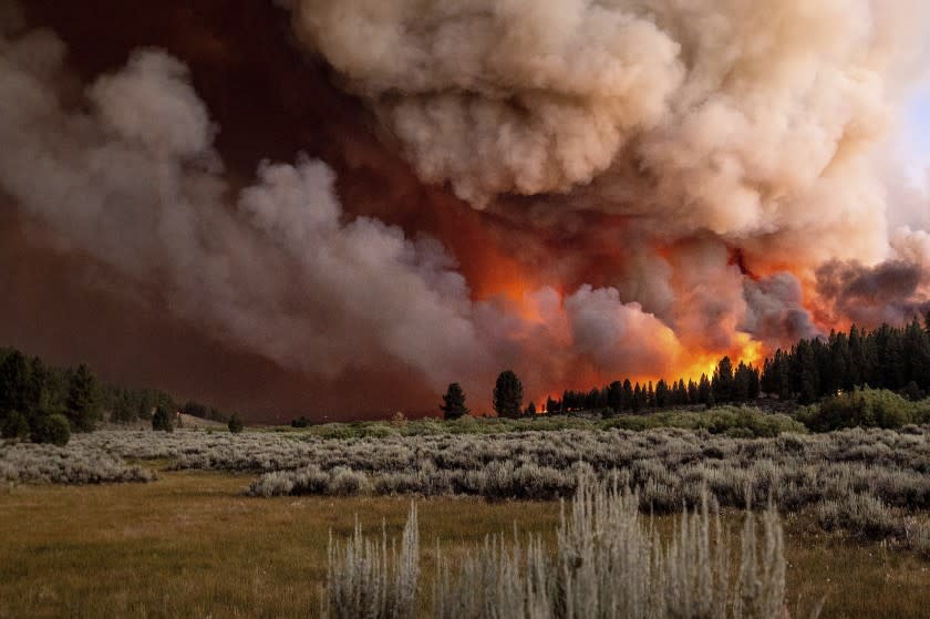 Plumes of smoke and fire rise above Frenchman Lake as the Sugar Fire, part of the Beckwourth Complex Fire, burns in Plumas National Forest, Calif., on Thursday, July 8, 2021. (AP Photo/Noah Berger)