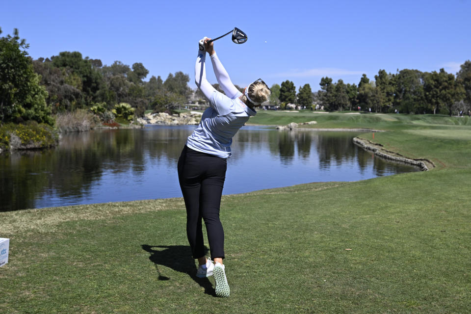 Nanna Koerstz Madsen, of Denmark, hits her tee shot on the 1oth hole during the third round of the JTBC LPGA golf tournament, Sunday, March 26, 2022, in Carlsbad, Calif. (AP Photo/Denis Poroy)