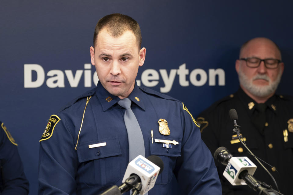 Michigan State Police Captain Greg Morenko speaks during a press conference to announce criminal charges filed against a Flint father, after his 2-year-old daughter accidentally shot herself, held in the 67th District Court in downtown Flint, Mich., on Tuesday, Feb. 20, 2024. Under Michigan's new "safe storage" laws, this is the first criminal complaint filed. (Julian Leshay Guadalupe/The Flint Journal via AP)