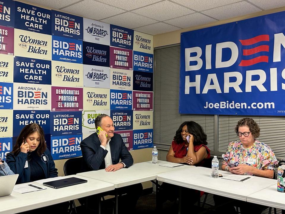 First gentleman Doug Emhoff helps call supporters of President Joe Biden at a campaign field office in Phoenix on April 8, 2024.