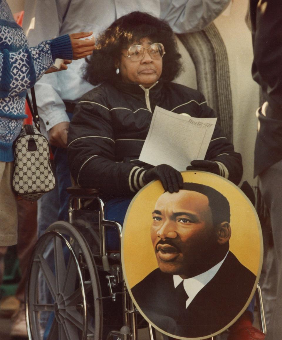 Caryl Wade Terrell participates in a Phoenix march on Jan. 16, 1990, to make Martin Luther King Day a paid state holiday.