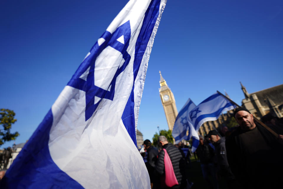 An Israeli flag at a vigil at Parliament Square in London, for victims and hostages of the Hamas attacks. Picture date: Sunday October 15, 2023. (Photo by James Manning/PA Images via Getty Images)