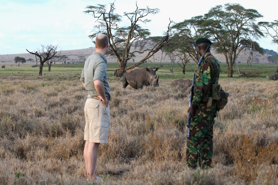 Prince William, Duke of Cambridge, Royal Patron of Tusk and President of United For Wildlife, accompanied by ranger, Edward Ndiritu, takes a moment to get close to a white rhino and calf at northern Kenyas Lewa Wildlife Conservancy