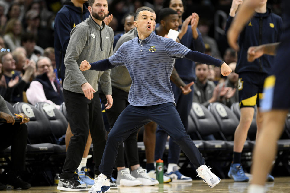 Marquette head coach Shaka Smart reacts during the second half of an NCAA college basketball game against Georgetown, Saturday, Feb. 11, 2023, in Washington. Marquette won 89-75. (AP Photo/Nick Wass)