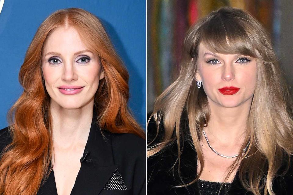 <p>Todd Owyoung/NBC via Getty; James Devaney/GC Images</p> Jessica Chastain and Taylor Swift