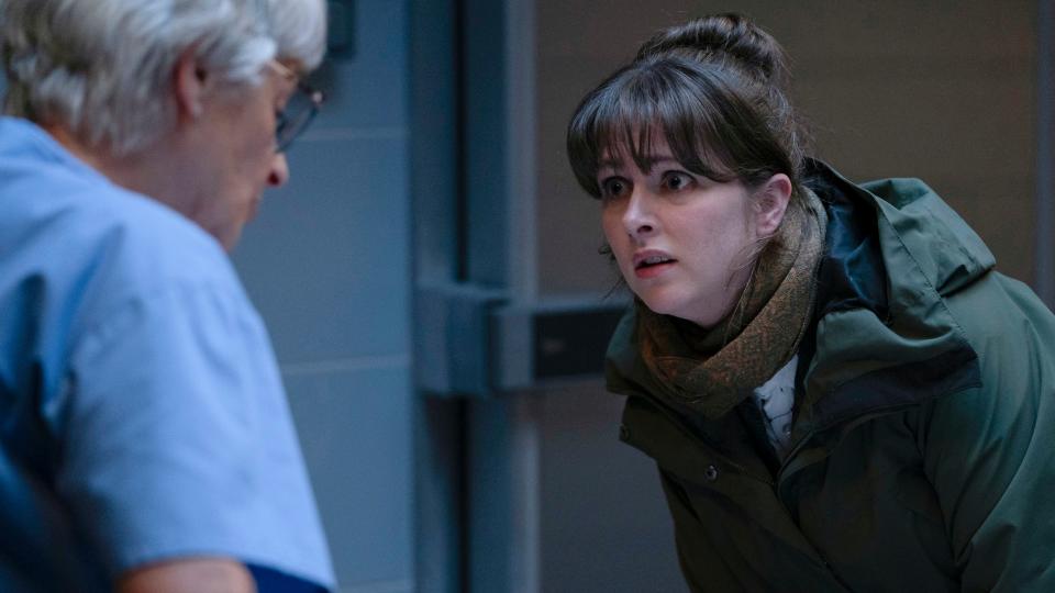  Cora McLean (ANNE KIDD);DI ‘Tosh’ McIntosh (ALISON O’DONNELL) looking scared as she looks at Ellen's body in Shetland season 8 episode 2 . 
