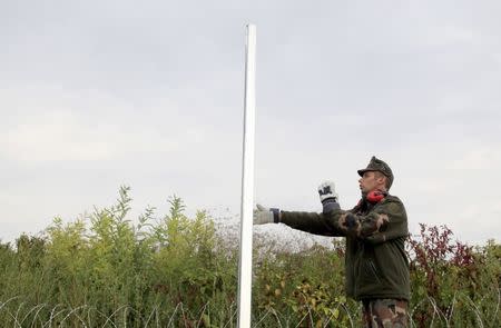 A Hungarian army soldier gestures as others build a fence on the border with Croatia near Sarok, Hungary, September 20, 2015. REUTERS/Bernadett Szabo