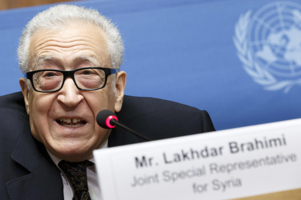U.N. mediator Lakhdar Brahimi informs to media after the second day of the 2nd round of negotiation between the Syrian government and the opposition, during a press conference at the European headquarters of the United Nations, in Geneva, Switzerland, Tuesday, Feb. 11, 2014. (AP Photo/Keystone,Salvatore Di Nolfi)