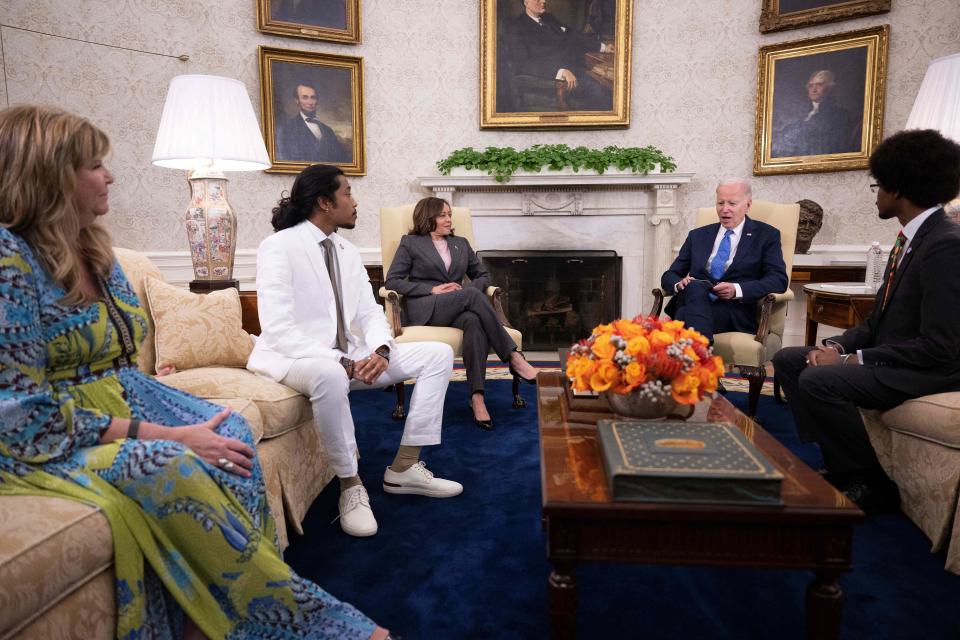 President Joe Biden and Vice President Kamala Harris meet with Tennessee Democrats expelled from the Tennessee state legislature over gun control protest Justin Jones (2nd L), Justin Pearson (R) and Gloria Johnson to discuss their efforts to ban assault weapons in the Oval Office at the White House.