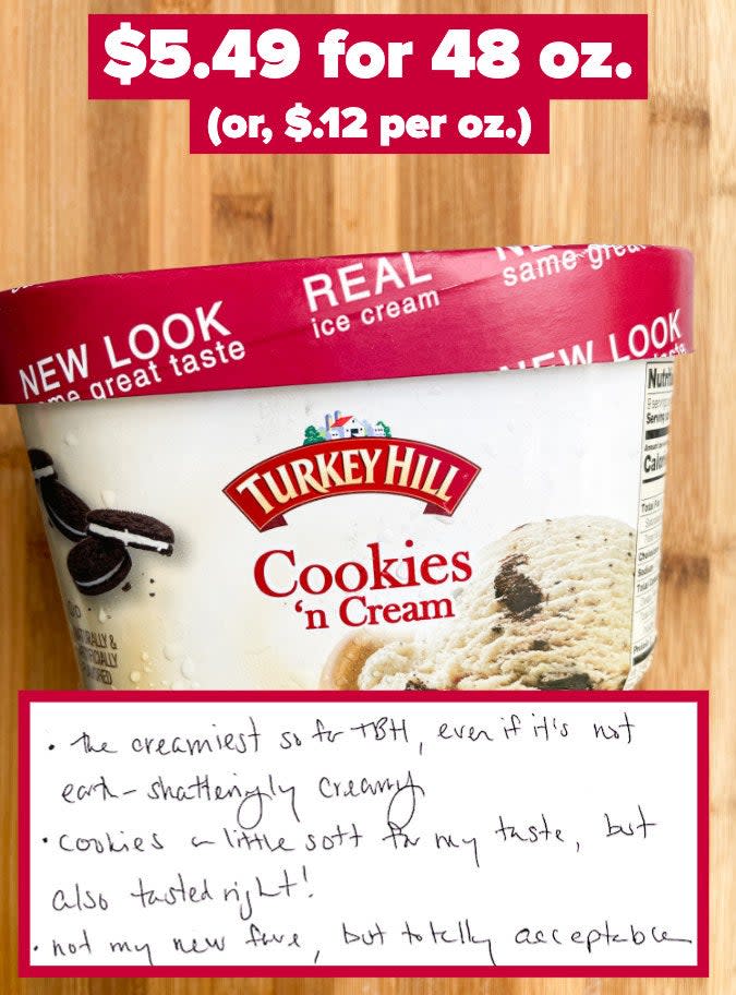 Turkey Hill ice cream with text that reads, "Not my new fave, but totally acceptable"