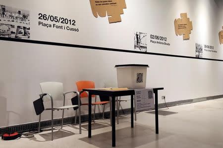 A ballot box is seen at a polling station for the banned independence referendum in Badalona, Spain October 1, 2017. REUTERS/Susana Vera