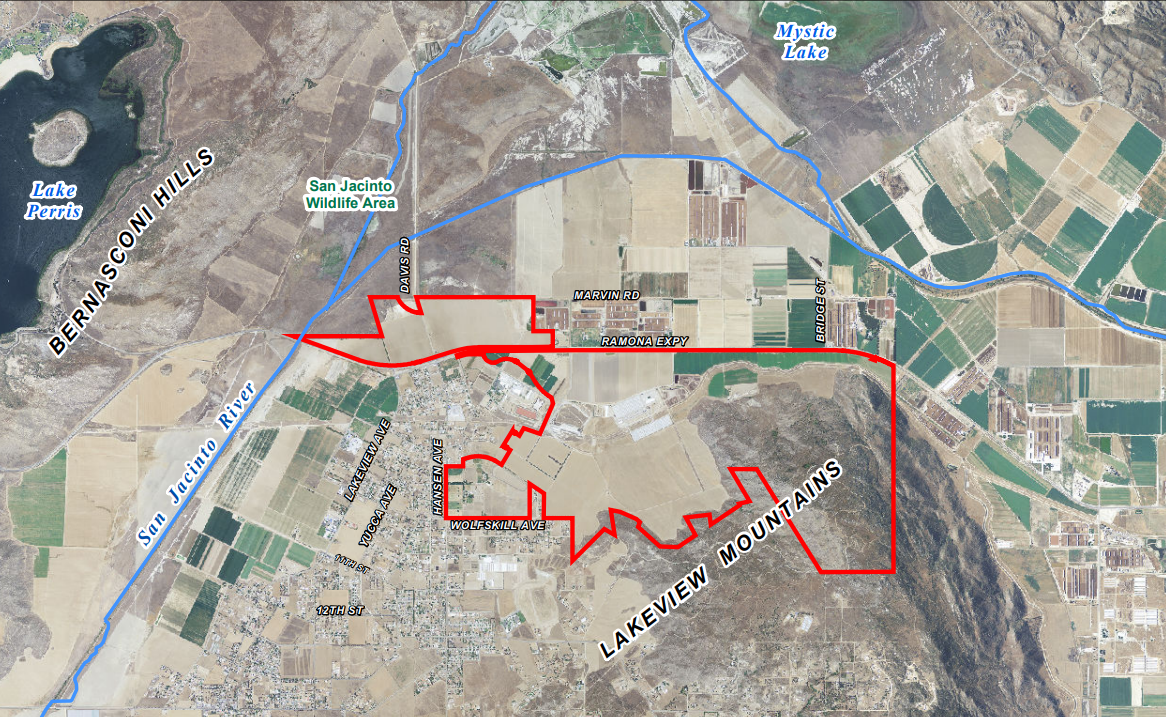 A map of the project site of Villages of Lakeview, a 8,725-unit housing development proposed in unincorporated Riverside County.