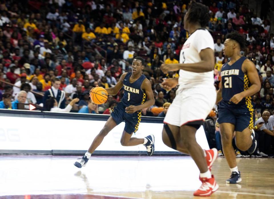 Keenan’s Jazian Gortman moves down court during the game against Wade Hampton in the class 3A championship game at Colonial Life Arena on Saturday, March 7, 2020.