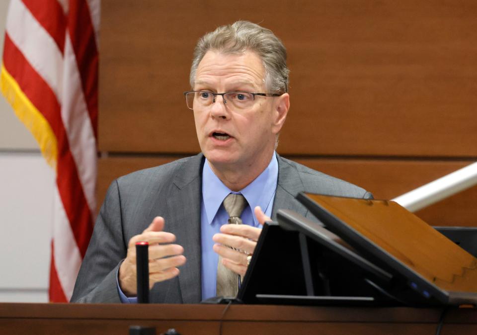 Clinical Neuropsychologist Dr. Robert L Denney, testifies for the prosecution during the penalty phase of the trial of Marjory Stoneman Douglas High School shooter Nikolas Cruz at the Broward County Courthouse in Fort Lauderdale on Monday, Oct. 3, 2022. Cruz previously plead guilty to all 17 counts of premeditated murder and 17 counts of attempted murder in the 2018 shootings. (Carline Jean/South Florida Sun Sentinel via AP, Pool)